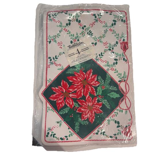 4 New Vintage Town & Country Vinyl Christmas Holiday Placemats Poinsetta 18x12 - Picture 6 of 6